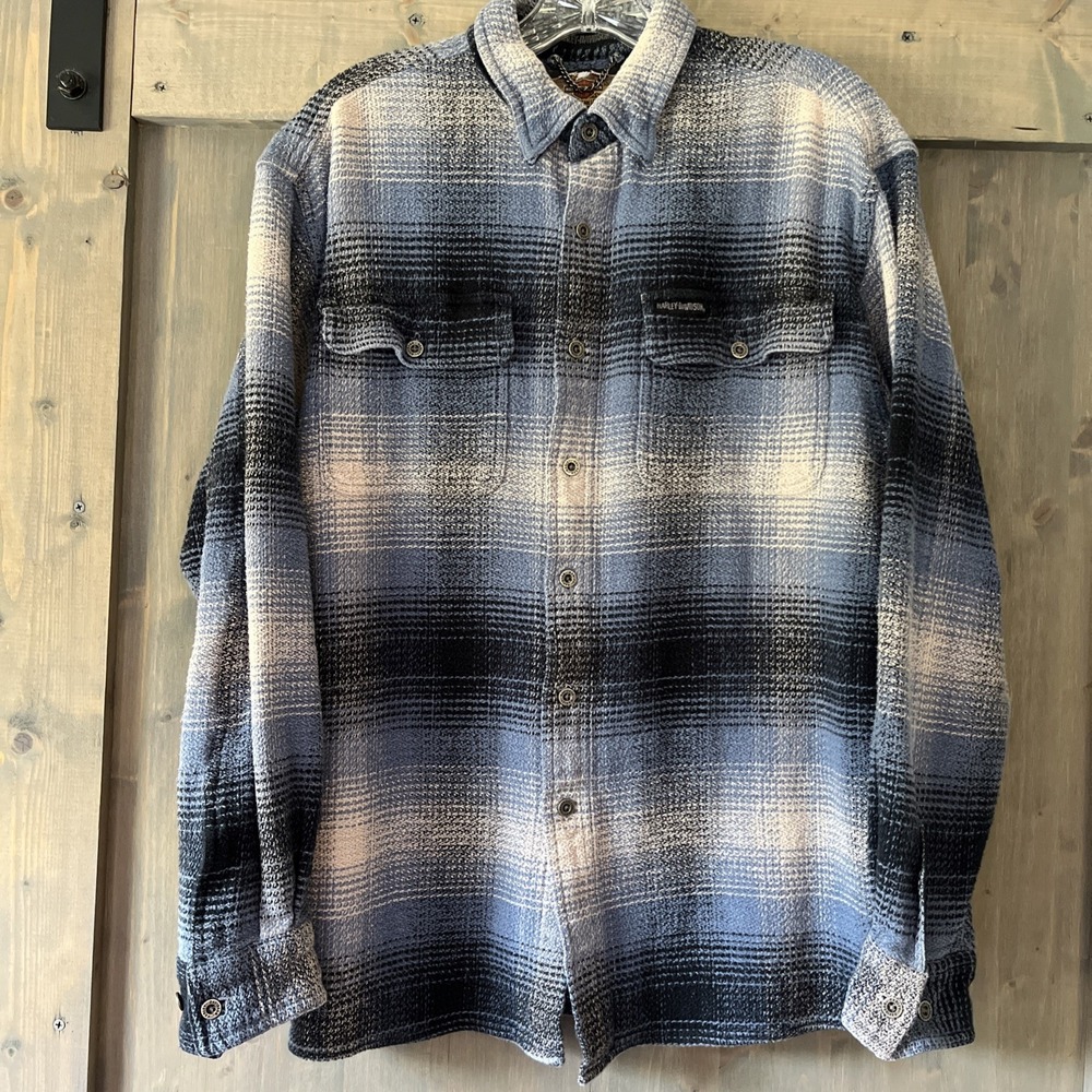 Harley Davidson Flannel Shirt Men's Large 100% Cotton Blue And White Plaid